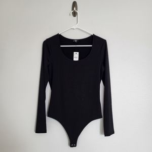 Express Long Sleeve Body Contour Thong Bodysuit, Black